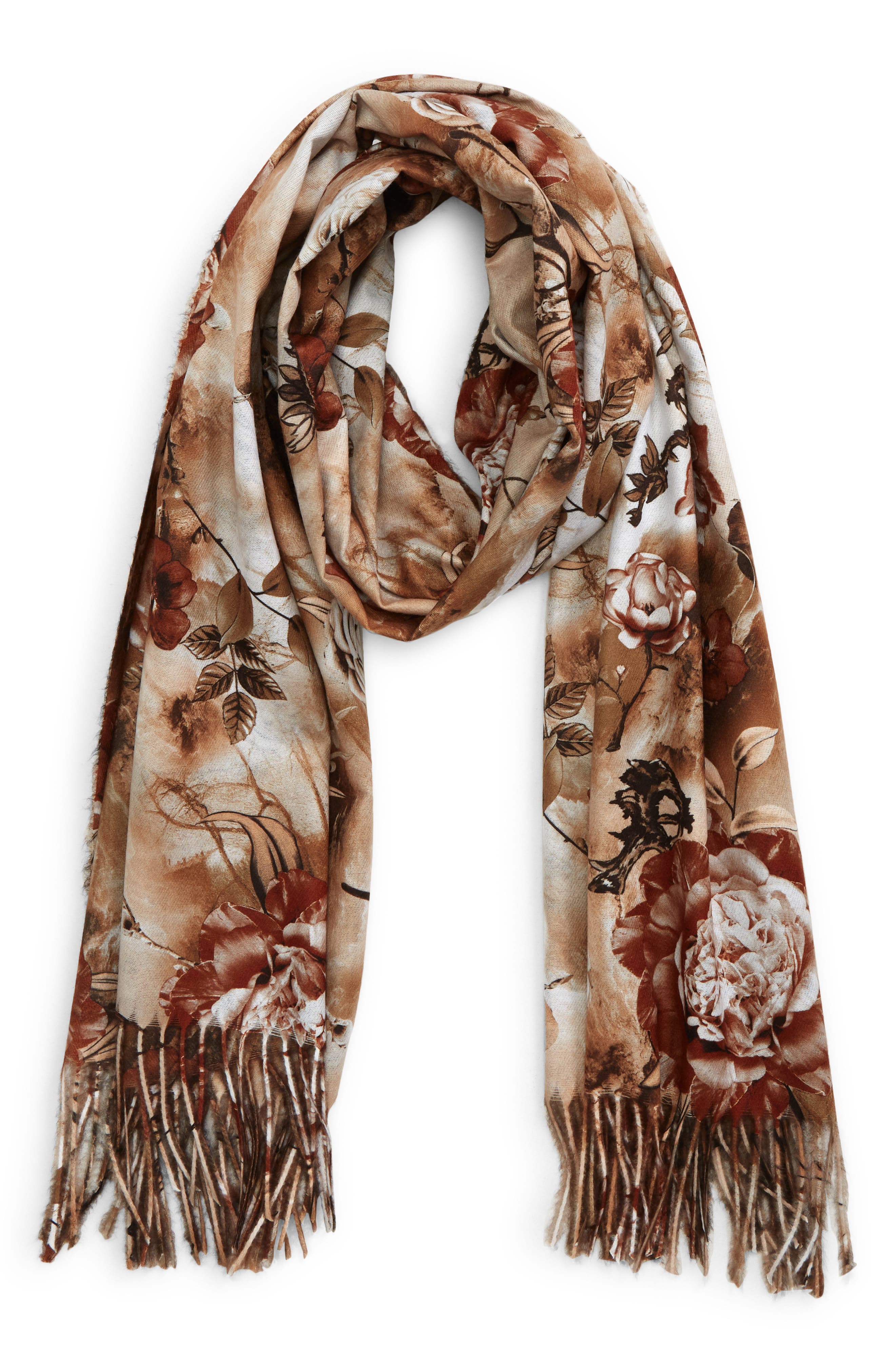 Elegant Oblong Fashion Scarf Wrap Chiffon w/ Stunning Floral Pattern Ivory/Brown